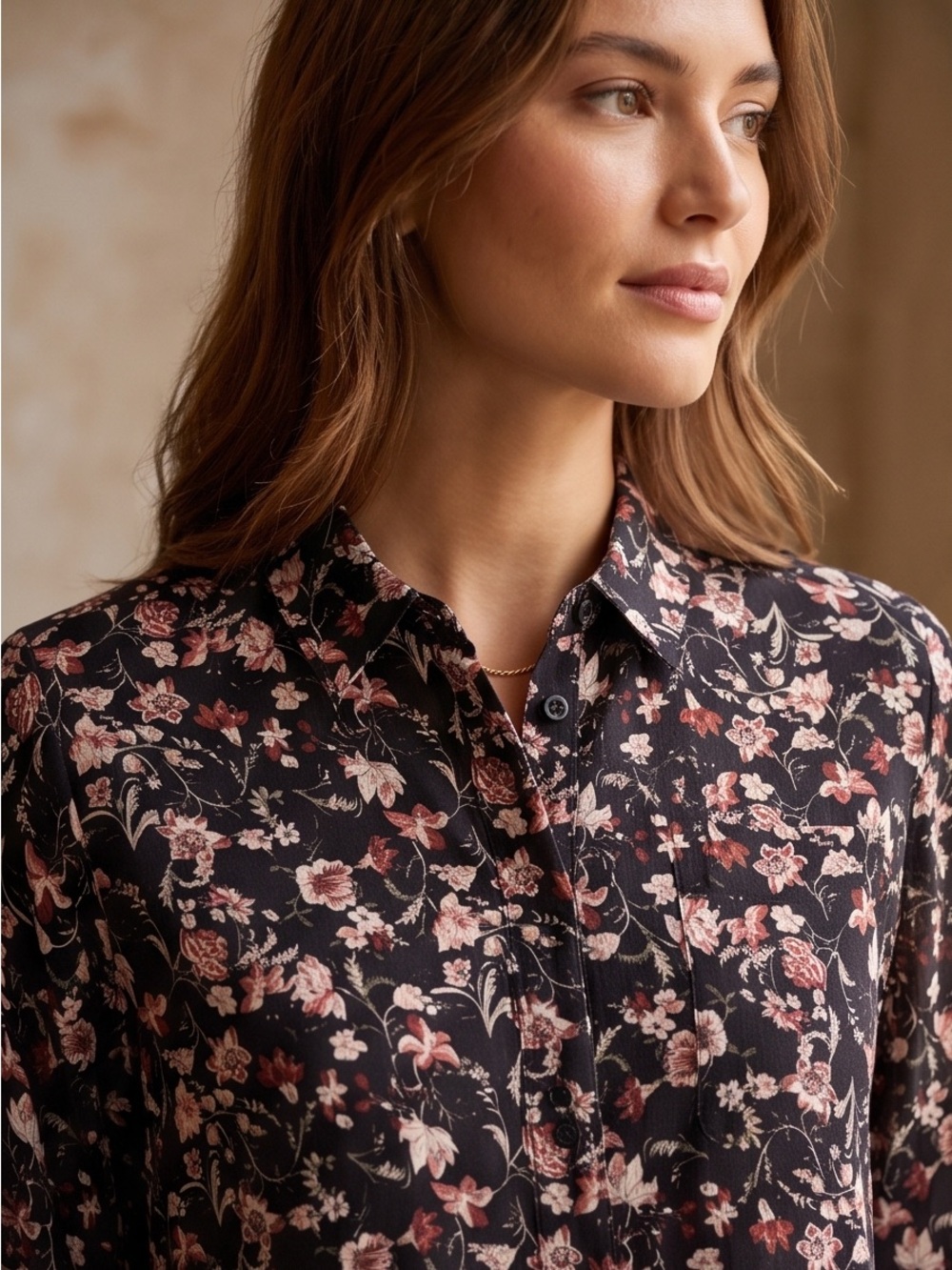 Black Floral 100% Viscose Button-Up Blouse Size XS